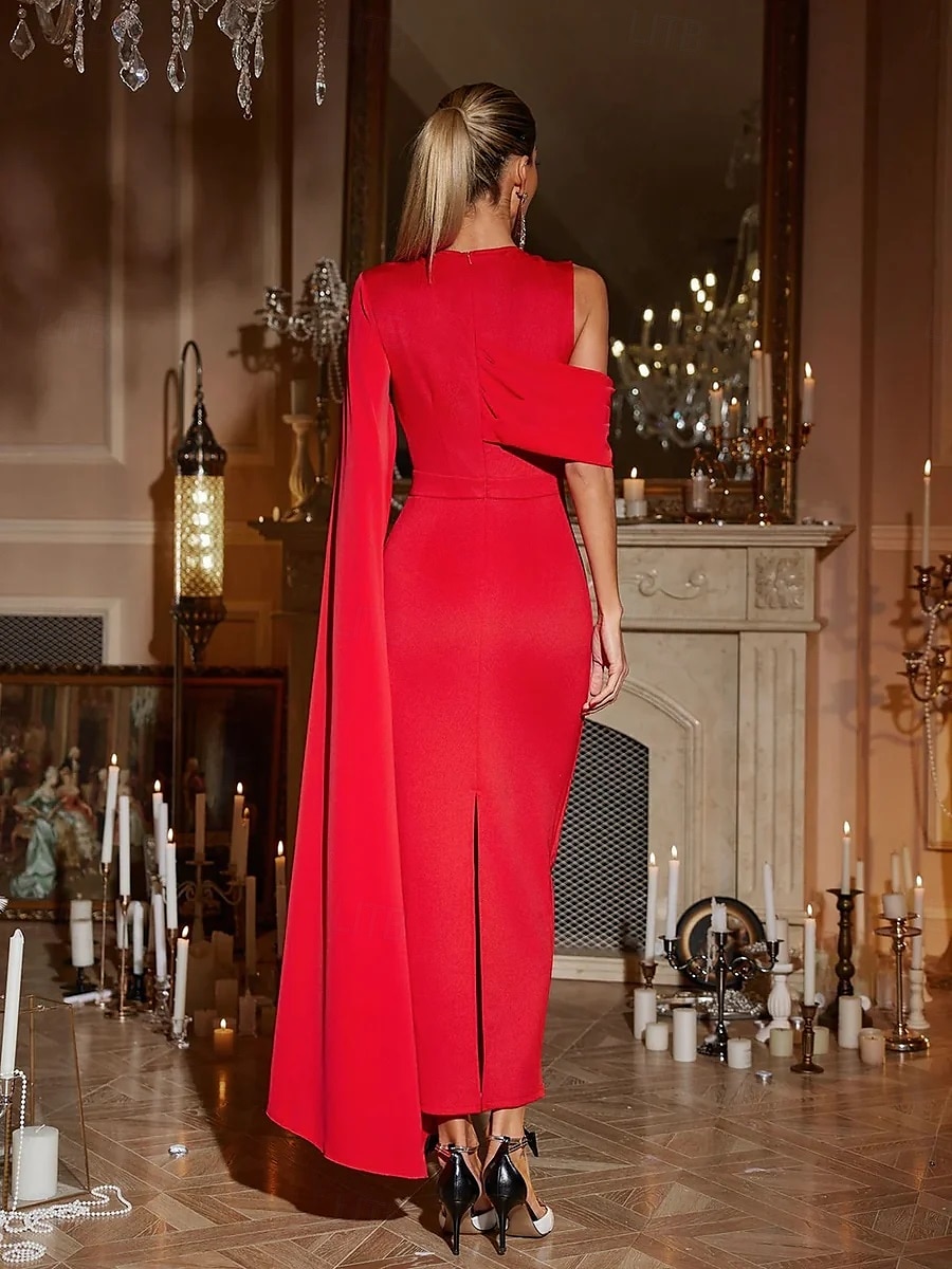 Robe cocktail fourreau  colonne Robe élégante invitée de mariage formelle longueur cheville sans manches cou bijou avec poche crêpe extensible avec châle de 2025 ? $147.99 –P2