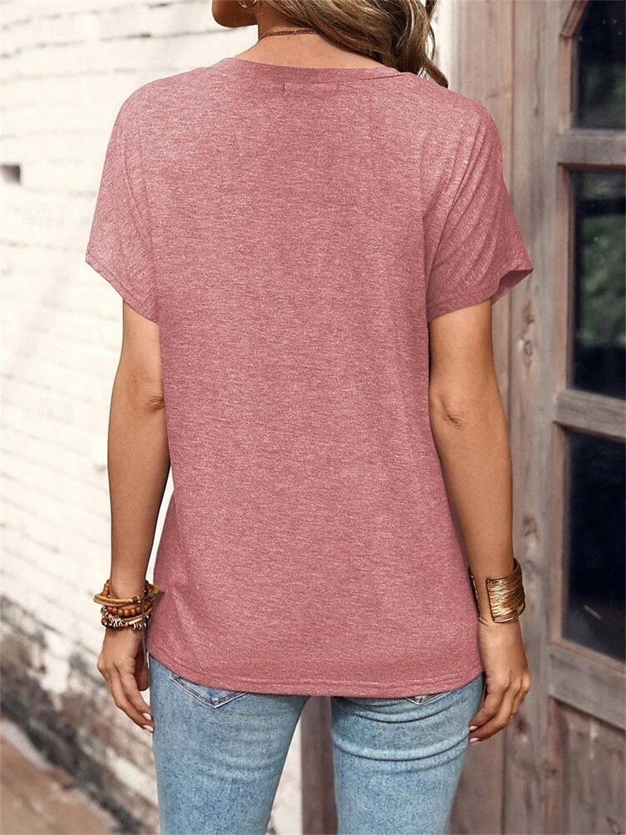 Pentru femei Tricou Simplu Modă Modern Casual Manșon scurt În V Topuri obișnuite Zilnic Sfârșit de săptămână Peteci Nasturi Roz Îmbujorat Albastru piscină Maro Trifoi Vară Primăvară 2025 - $21.99 –P11