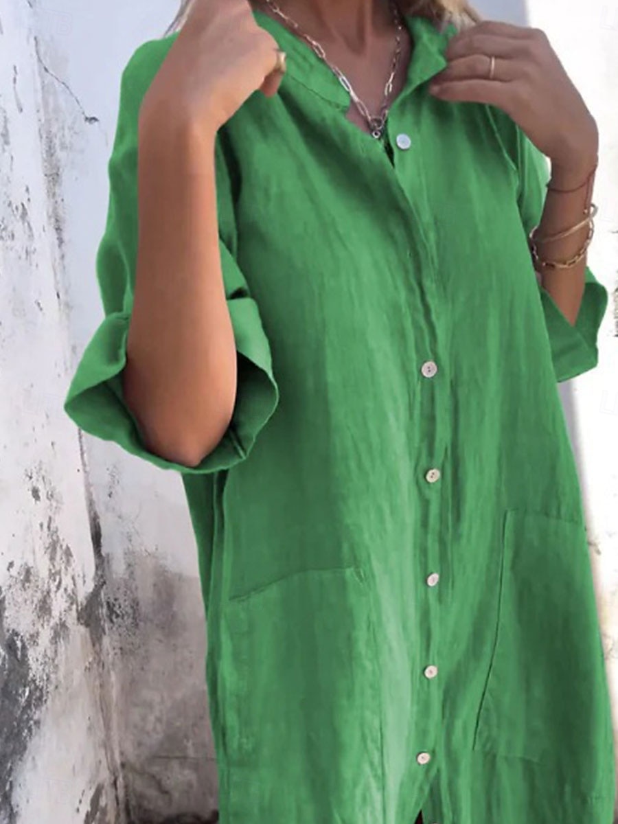 Damen Langes Kleid Maxikleid Baumwoll-Leinen-Kleider Hemdblusenkleid Freizeitkleid Basic Lässig Urlaub Lässig Täglich Lässiger Schnitt Einfach Halbarm Hemdkragen Blau Grün Khaki Grau Sommer Frühling 2025 - $32.99 –P5