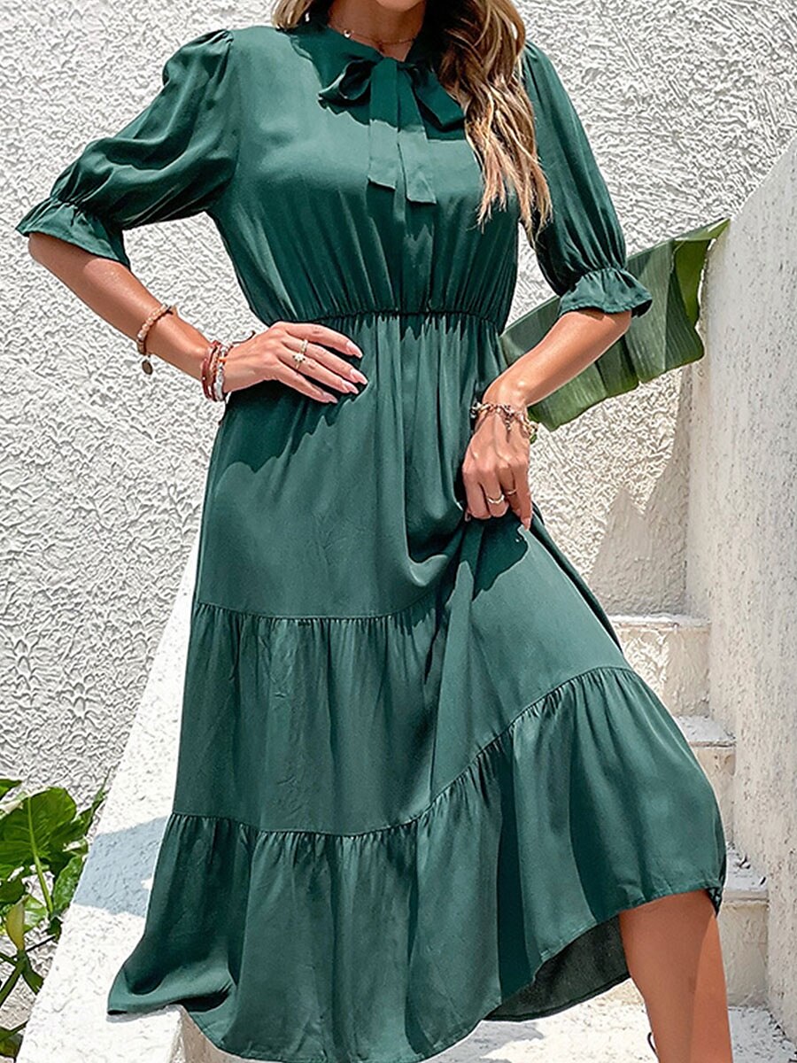 Damen kleid lang Maxidress A Linie Kleid Basic Brautkleider schlicht Urlaub Arbeit Casual Regular Fit Glatt Halbe Ärmel Rundhalsausschnitt Schwarz Burgunderrot Grün Sommer Frühling Herbst 2025 - $30.99 –P1