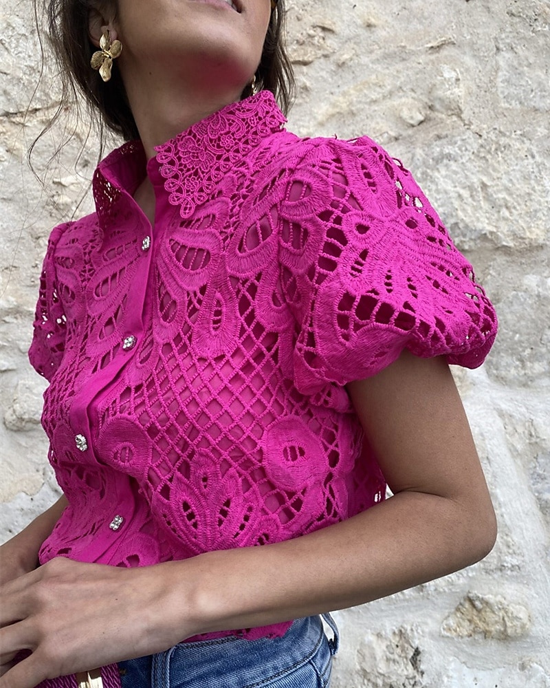 Mulheres Blusa Topo de ilhó Tops de renda Vazado Botões Tecido Diário à moda Básico Manga Curta Colarinho de Camisa Tops regulares Diário Trabalho Feriado Branco Rosa cor de Rosa Primavera Outono de 2026 por $32.99 –P8