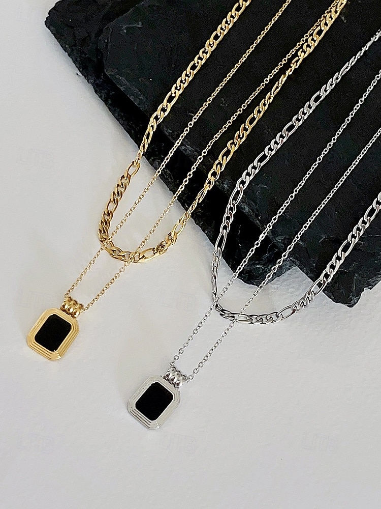 Collier à double chaîne multicouche pour femme avec pendentif rectangulaire noir - peut être porté séparément, bijoux élégants pour femmes, adaptés aux occasions formelles et décontractées de 2026 ? $11.99 –P5