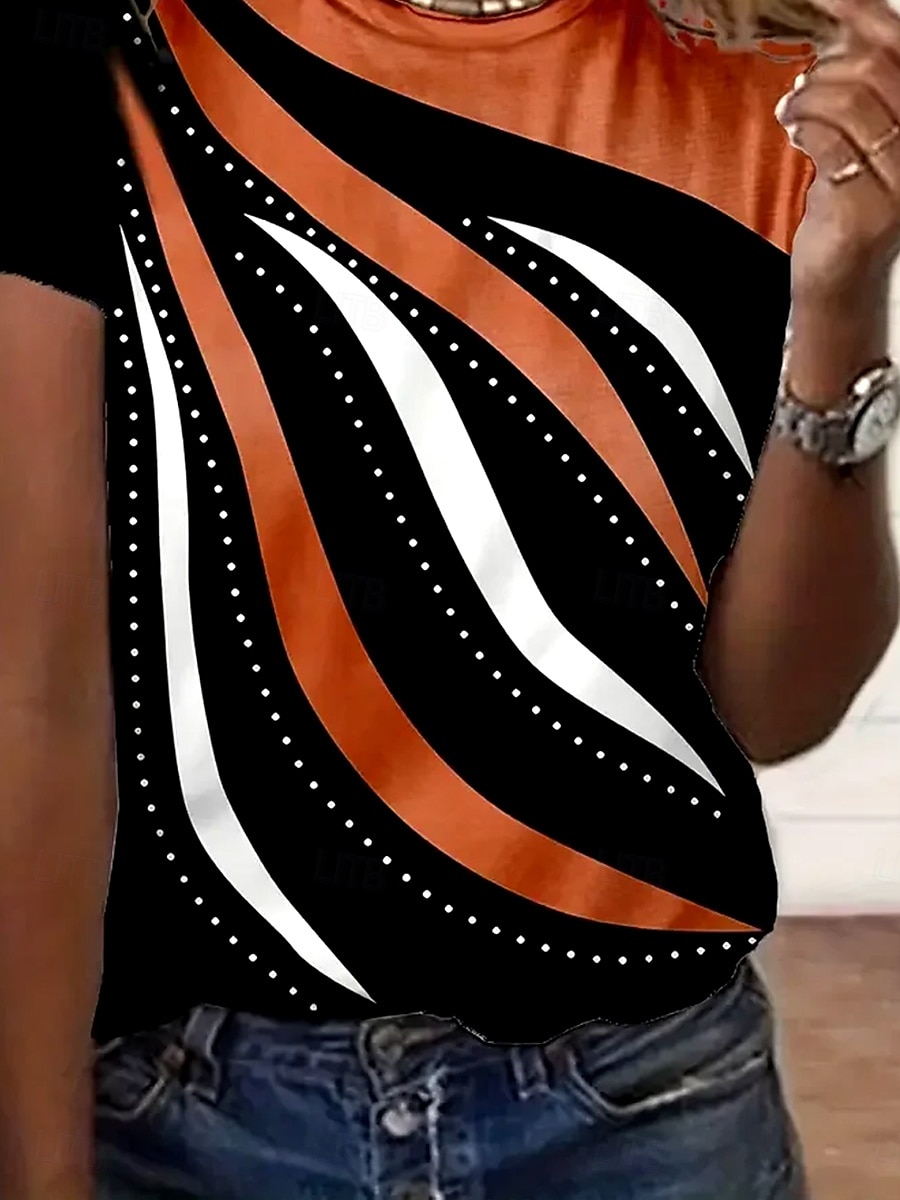 Dam T-shirt Grafisk Geometrisk Randig Elegant Vintage Mode Kortärmad Rund hals Vanliga toppar Dagligen Utekväll Helgen Mönster Orange Sommar 2025 - $19.99 –P3