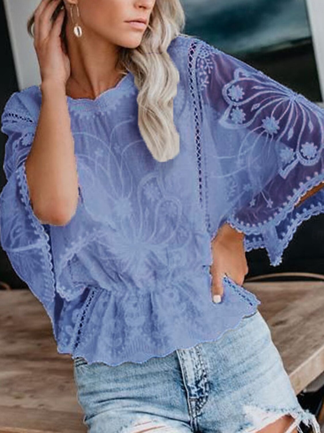 Per donna Camicia Camicia in pizzo Top con cuciture in pizzo Blusa Tinta unica Elegante Moda Informale Mezza manica Maniche ad aletta Girocollo Top regolari Invitati del matrimonio Giornaliero Per del 2025 a $27.99 –P6
