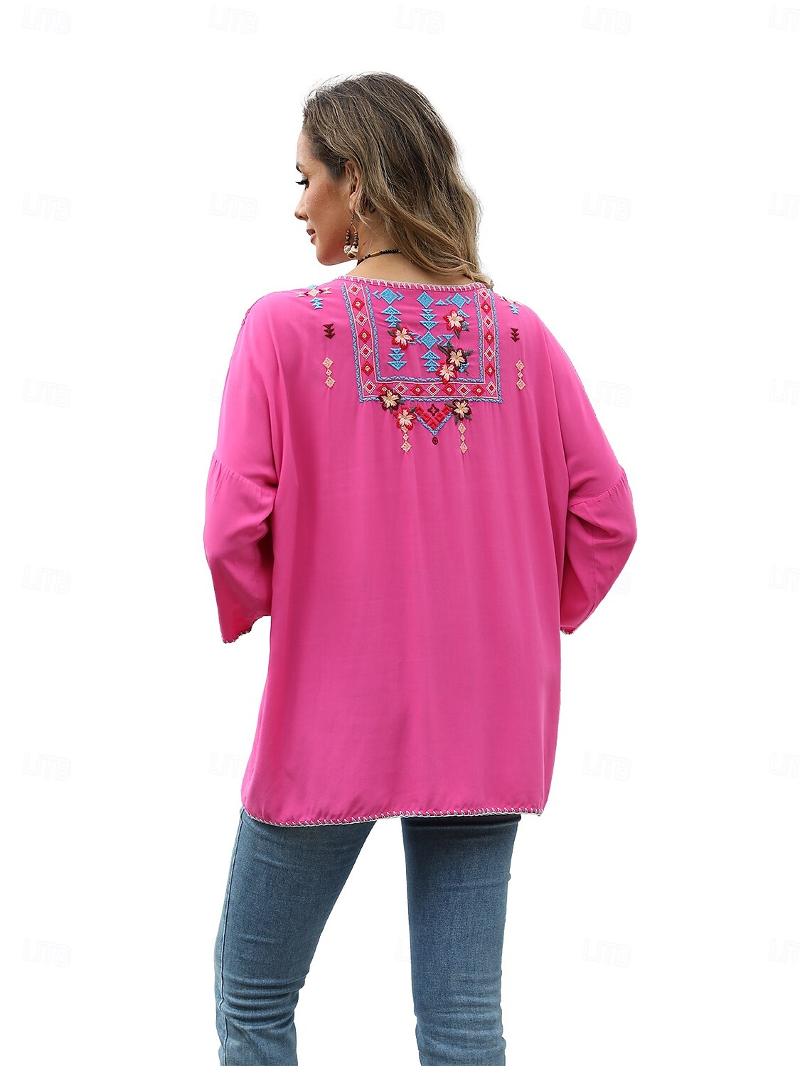 Dame Boho skjorte Helfarge Blomstret Bohem Daglig Luksuriøs 3/4 ermer 3/4-ermer Crew-hals Vanlige topper Arbeid Daglig Ut på byen Broderi Svart Gul Rose Rosa Sommer 2025 - $52.99 –P10