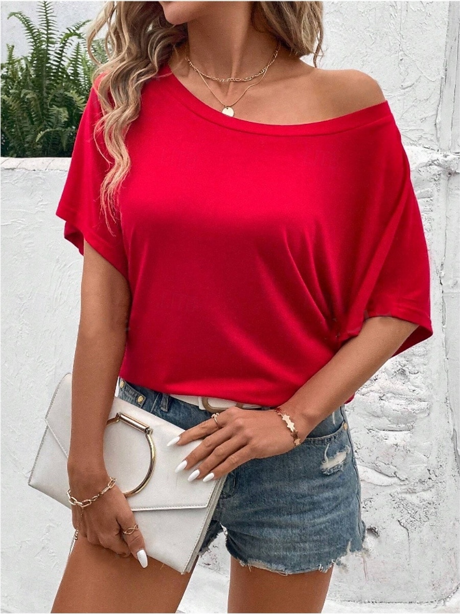 T- shirt pour femmes Couleur Unie Basique Décontractée Manches 3/4 Col Ronde Hauts Quotidiens Noir Rouge Abricot Gris Été Printemps de 2025 ? $17.99 –P4