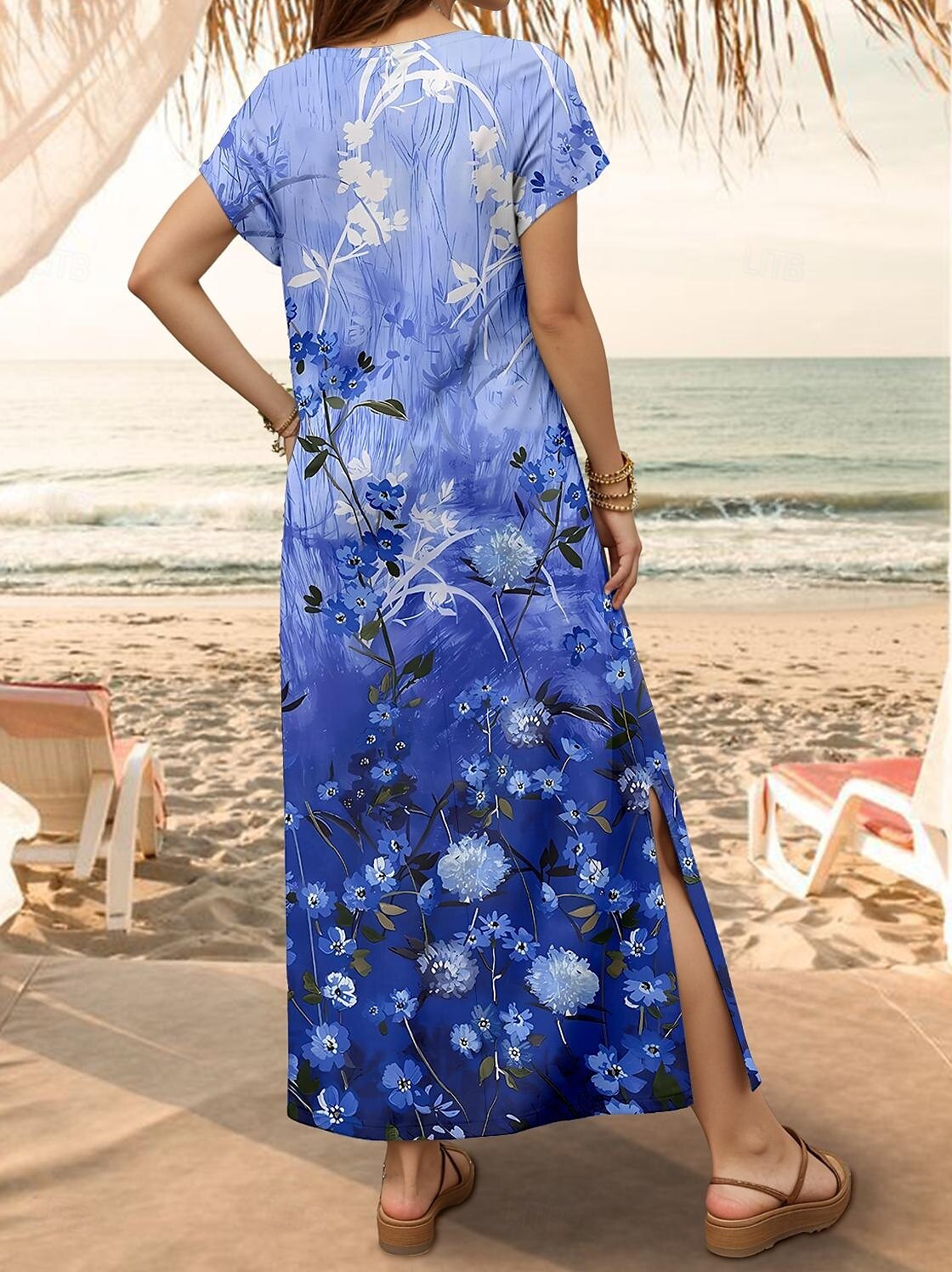 Women's Maxi Dress Casual Dress Sundress A Line Dress Stylish Casual Vacation Daily Regular Fit Floral Short Sleeve V Neck Navy Blue Spring Fall 2025 - $28.99 –P2