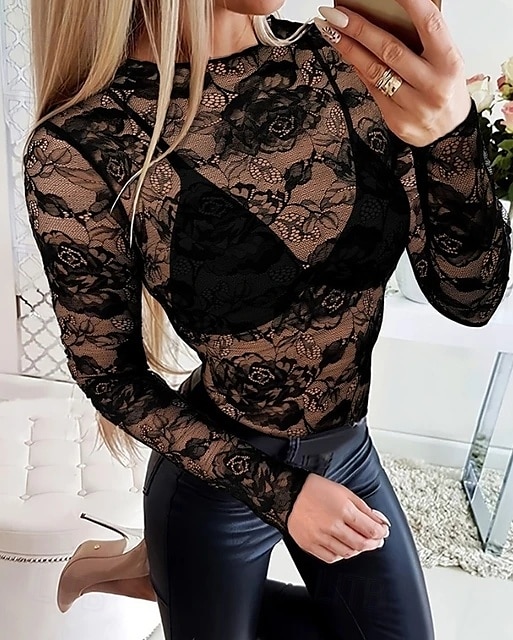 Chemisier Femme Noir transparent 6 noir Noir Broderie Fleur / Plantes Dentelle Troué du quotidien Elégant Dentelle Col Rond S de 2025 ? $15.49 –P5