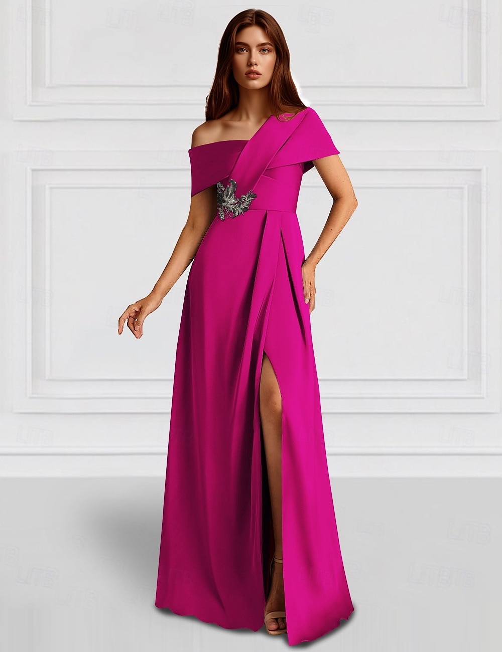 Robe de soirée A-Line élégante robe de mariage invitée de soirée longueur de sol sans manches épaule unique poche satin avec châle de 2025 ? $164.99 –P1