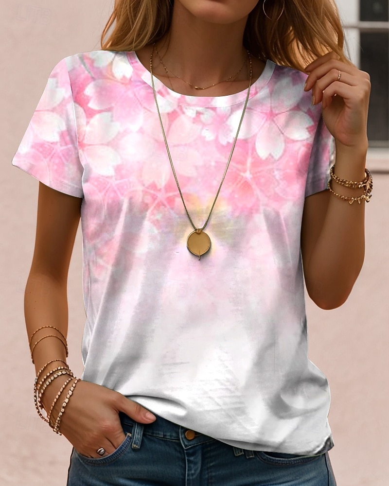 Women's T Shirt Floral Casual Short Sleeve Round Neck Regular Tops Daily Print Pink Summer 2025 - $19.99 –P2