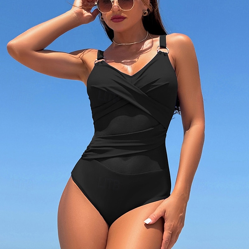 Damen Badeanzug Bademode V-Ausschnitt Bademode Einfarbig Badeanzug Schwarz Marineblau Atmungsaktiv Schnelltrocknend Leichtgewichtig Ärmellos - Schwimmen Surfen Strand Sommer Frühling 2025 - $22.99 –P5