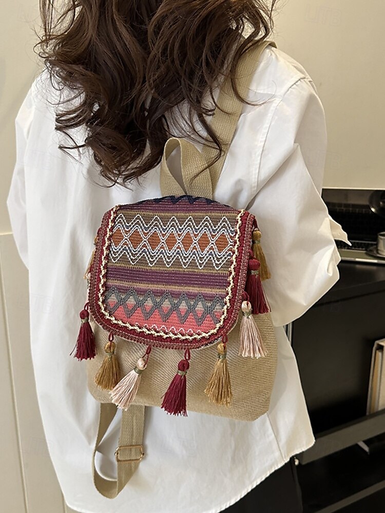 bohemisk tofsryggsäck med broderad design – snygg damryggsäck i canvas för vardags-, resor och festivalkläder 2025 - $14.99 –P2