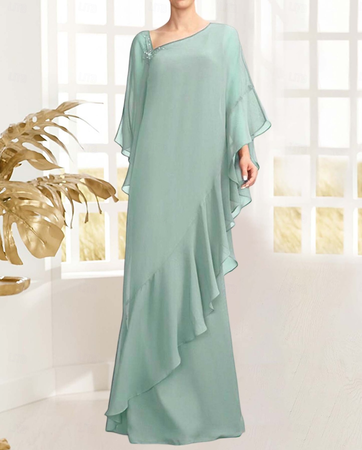 Sheath / Column Mother of the Bride Dress Elegant Vintage Simple Asymmetrical Neck Floor Length Chiffon Long Sleeve with Beading Ruffles Cascading Ruffles 2025 - $174.99 –P6
