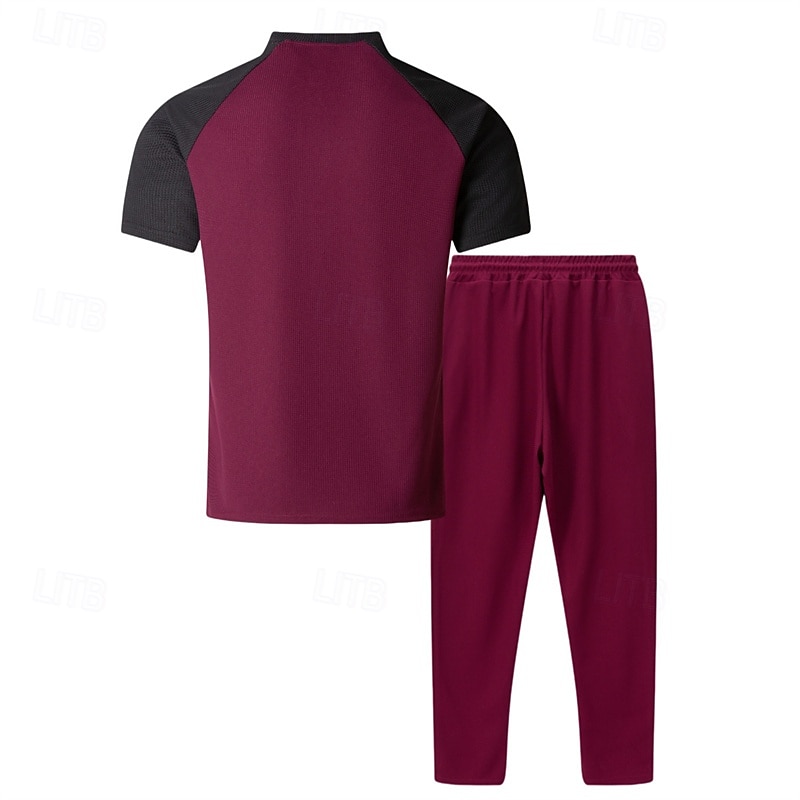 Herren T-Shirt Anzüge T-Shirts und lange Hosen mit Kordelzug 2-teiliges Outfit Kurzarm Henley Sommer Frühling Farbblock Mode Lässig 2 teilig Urlaub Alltagskleidung Ausgehen Wein Grün Khaki Top 2026 - $37.99 –P6