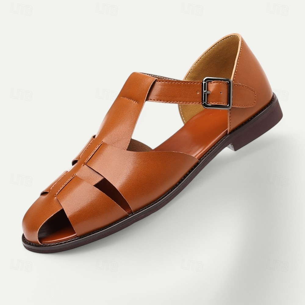 Sandale pentru bărbați din piele artificială maro, cu vârf deschis, cu curea cu cataramă reglabilă, stil casual pentru purtarea de zi cu zi 2025 - HUF 12819 –P5