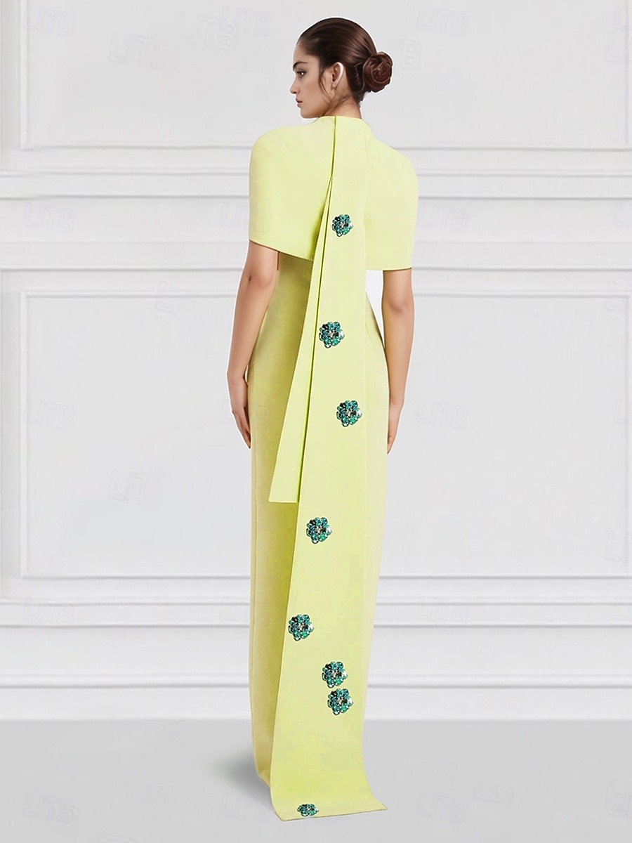 Robe de soirée colonne brodée verte rouge jaune robe élégante formelle invité de mariage longueur sol sans manches col rond capes crêpe extensible avec paillettes 2025 de 2025 ? $177.99 –P4