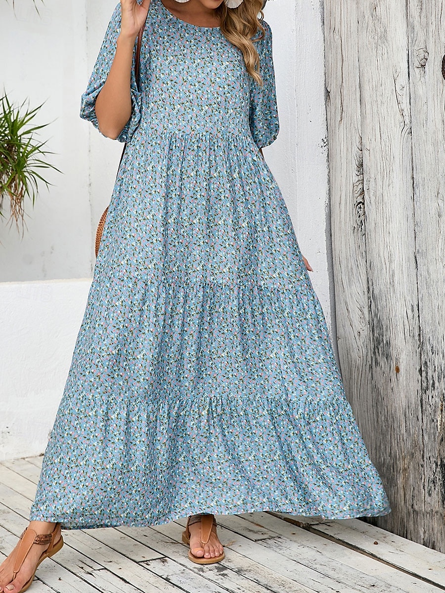 Women's Maxi Dress Puff Sleeve Dress Casual Lantern Sleeve Vacation Casual Daily Regular Fit Graphic 3/4 Length Sleeve Crew Neck Light Blue Summer 2025 - $36.99 –P2