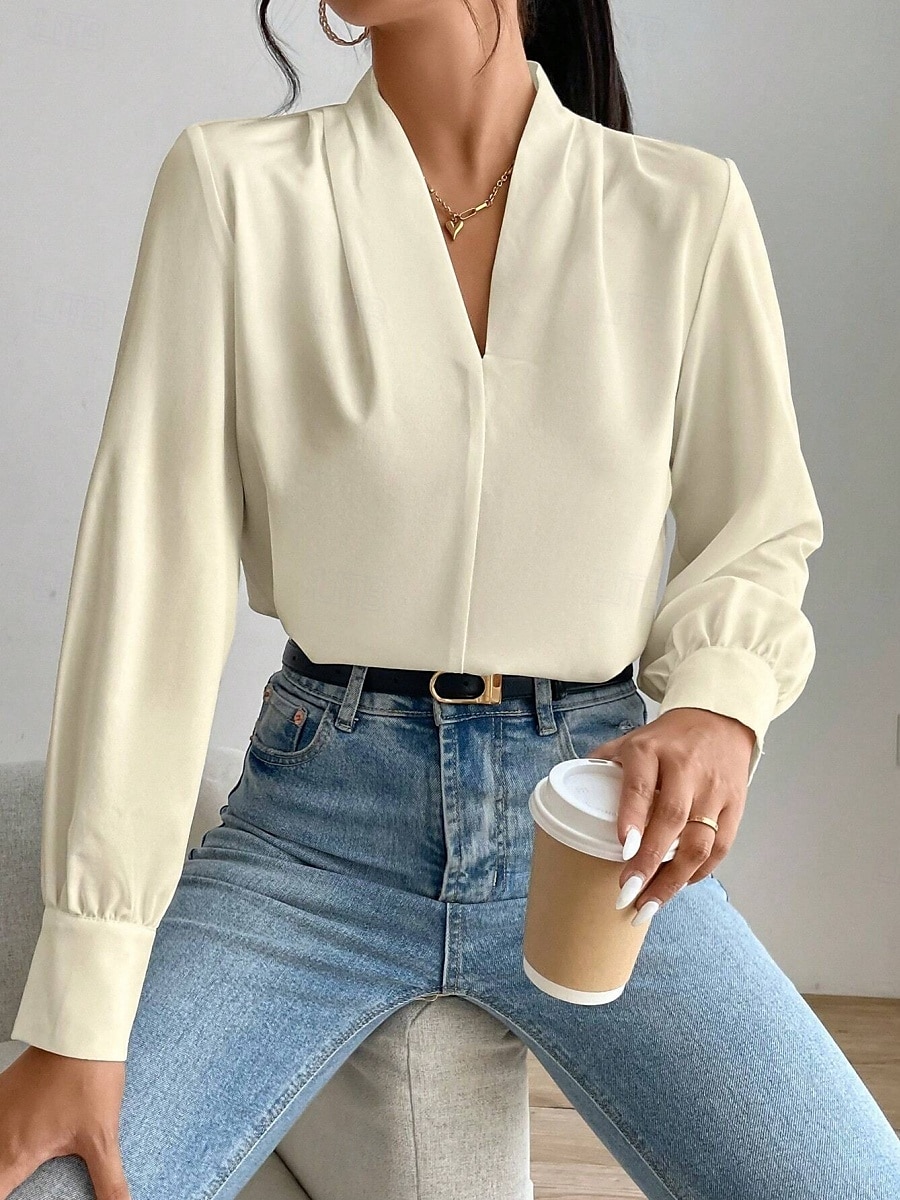 Dame Skjorte Bluse Helfarge Stilfull Fritid Langermet V-hals Vanlige topper Daglig Knapper Lomme Svart Hvit Gul Blå Grønn Sommer Vår 2025 - $31.99 –P30