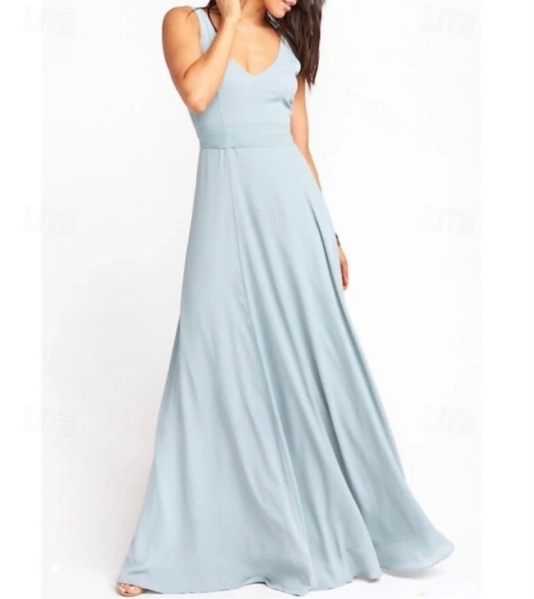 A-Line Bridesmaid Dress V Neck Sleeveless Blue Floor Length Chiffon / Spandex with Sash / Ribbon / Draping / Solid Color 2025 - $162.99 –P4