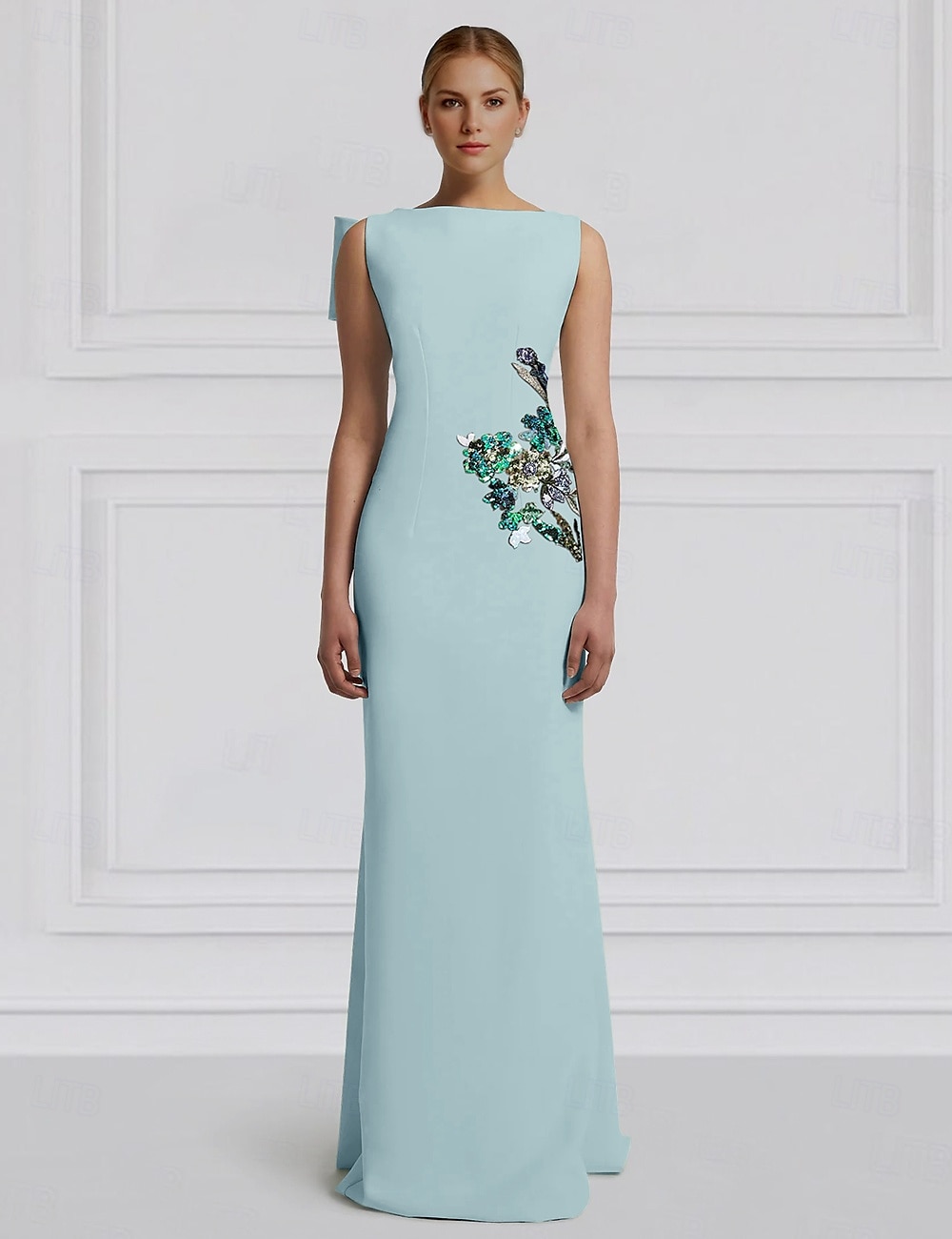 Robe de soirée colonne florale verte bleue robe élégante formelle brodée invité de mariage longueur sol sans manches col rond capes crêpe extensible avec paillettes 2025 de 2025 ? $177.99 –P3