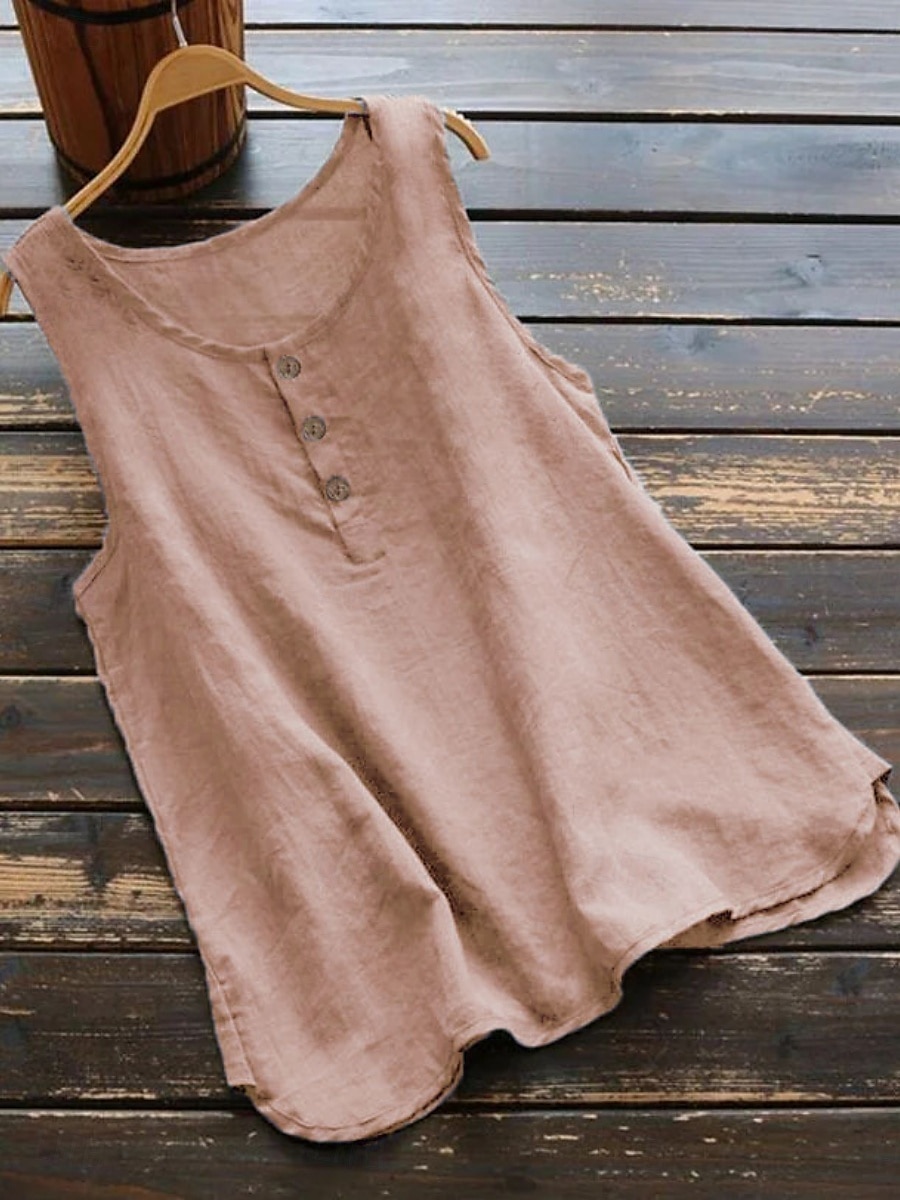 Dame Skjorte Lin-inspirerte skjorter Bluse Helfarge Grunnleggende Fritid Ermeløs Crew-hals Vanlige topper Daglig Knapper Svart Hvit Rosa Blå Grå Sommer 2025 - $22.99 –P4