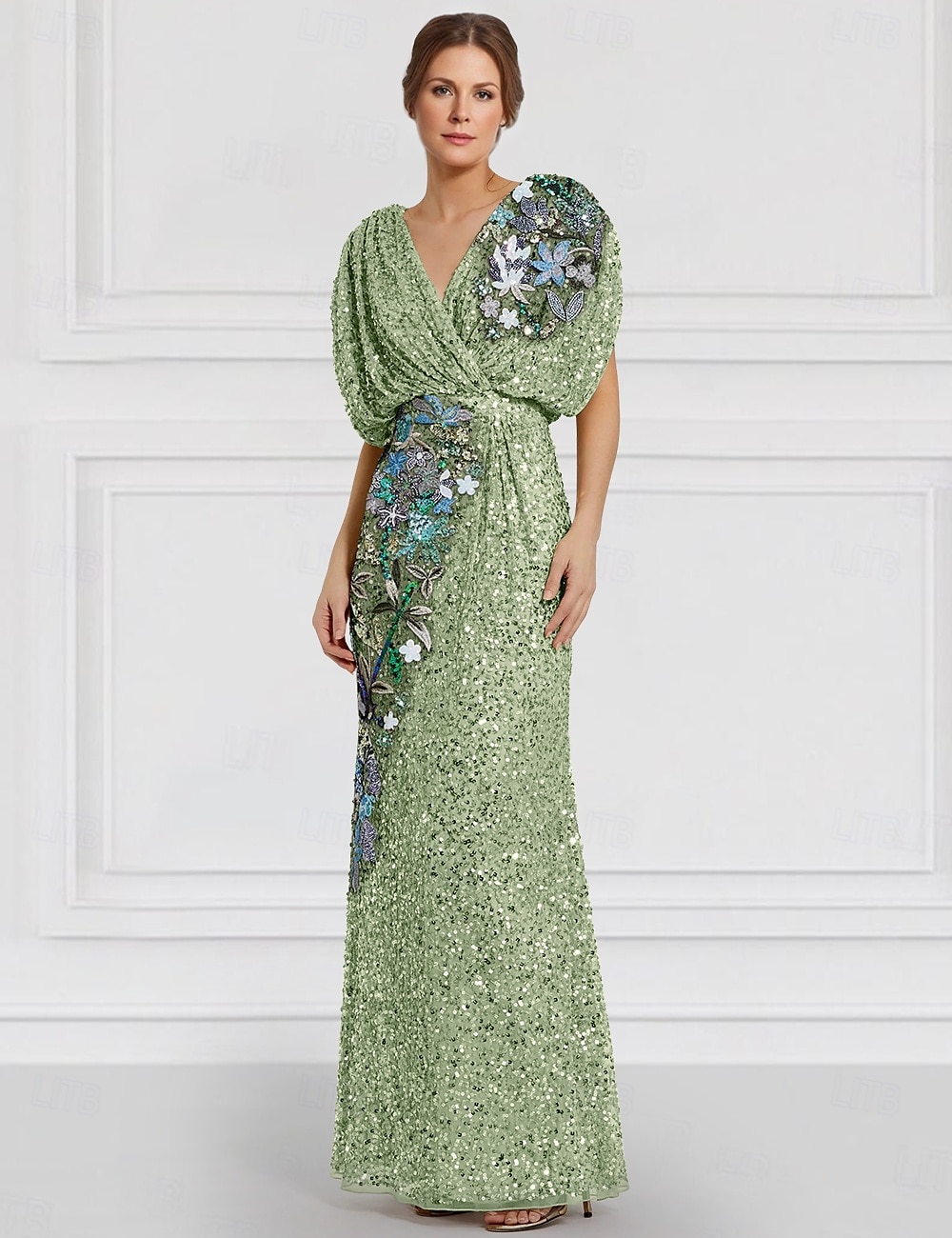 Grønn Kolonne Kveldsdrakt Brodert Elegant Kjole Formell Bryllup Gulvlengde Kortermet Juvel Hals Pailletter med Glitrende 2025 - $174.99 –P1