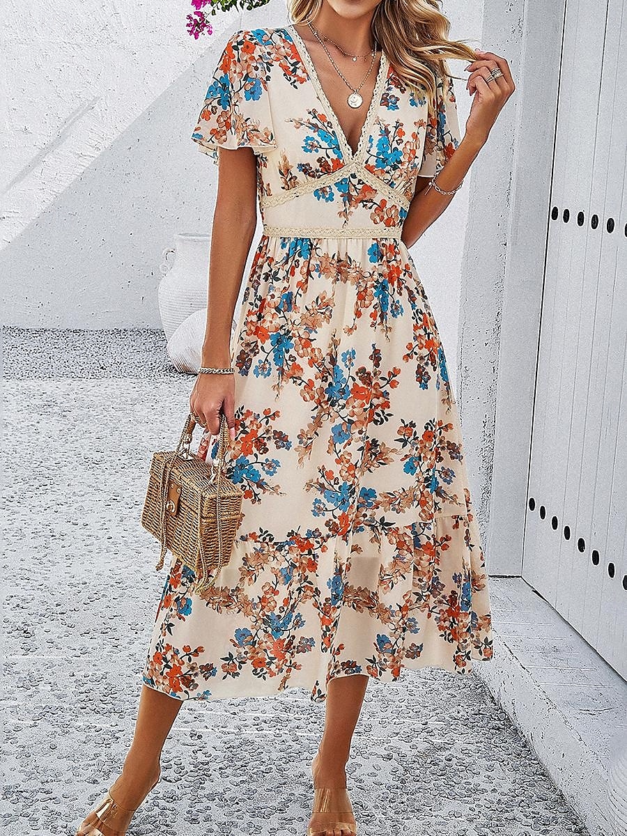 Damen Midi Kleid Korsett Kleid A-Linien Kleid Sommer Kleid Urlaub Urlaub Täglicher Regular Fit Floral Kurzarm V-Ausschnitt Rot Marineblau Grün Aprikose Sommer 2025 - $46.99 –P4