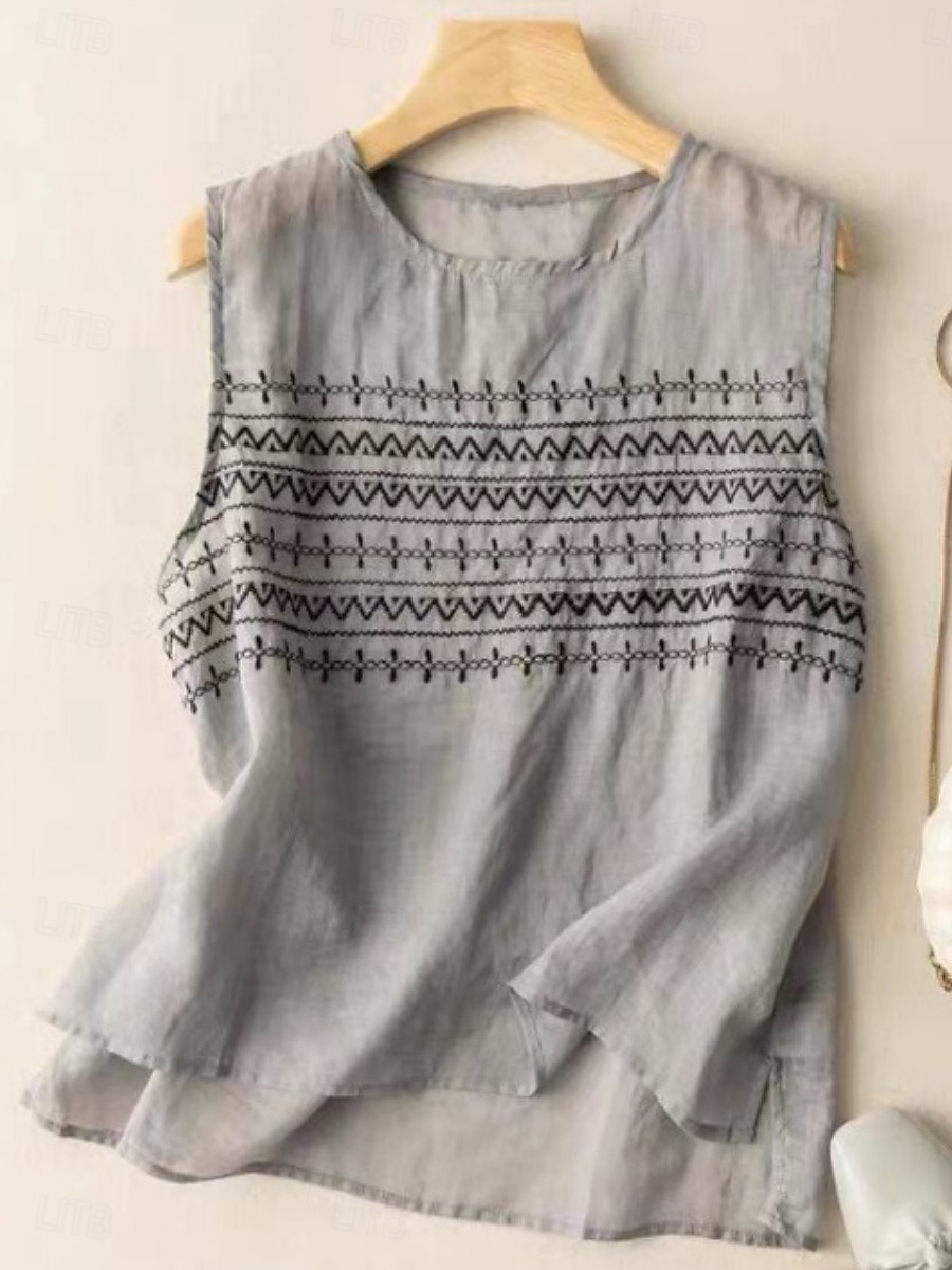 نسائي قميص قمصان قطنية كتان بلوزة كتان قطني صناعي طباعة هندسي أساسي كاجوال بدون كم رقبة عالية مدورة قمصان عادية مناسب للبس اليومي أبيض كاكي رمادي الصيف 2026 - $15.49 –P10