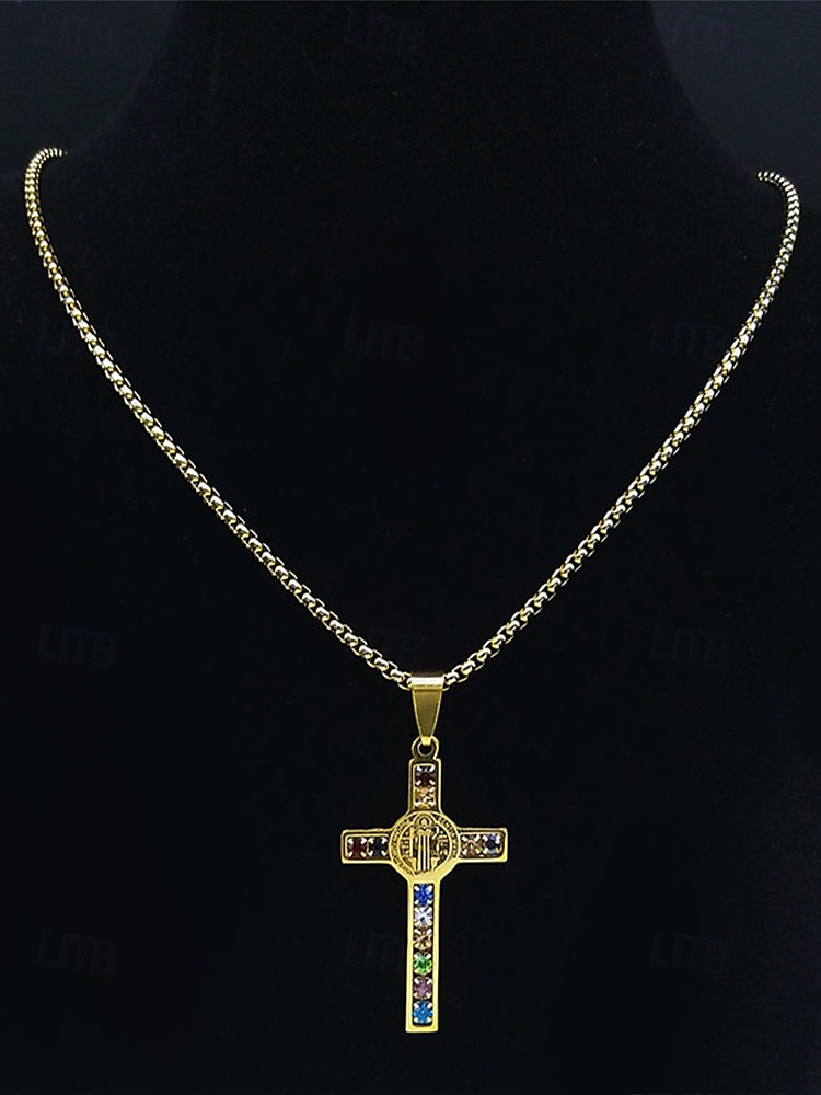 colar masculino de cruz banhado a ouro em aço inoxidável com pedras preciosas multicoloridas – pingente religioso, corrente estilosa para uso diário, presentes para ocasiões religiosas de 2025 por $14.99 –P3