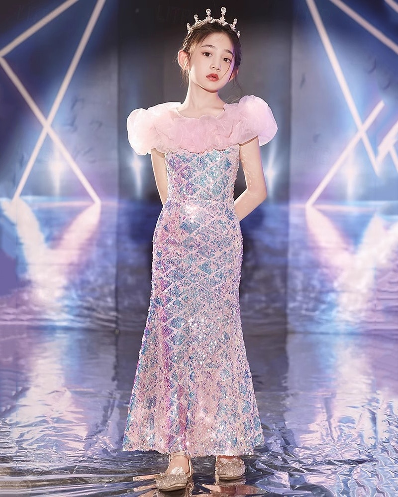kinderkleidung Mädchen Kleid Meerjungfrau Kurzarm Leistung Party Gitter Puffärmel bezaubernd Kostüm Polyester Maxi Casual kleid Trompeten- Meerjungfrauenkleid Sommer Frühling 4 Jahre + Rosa 2025 - $78.99 –P3