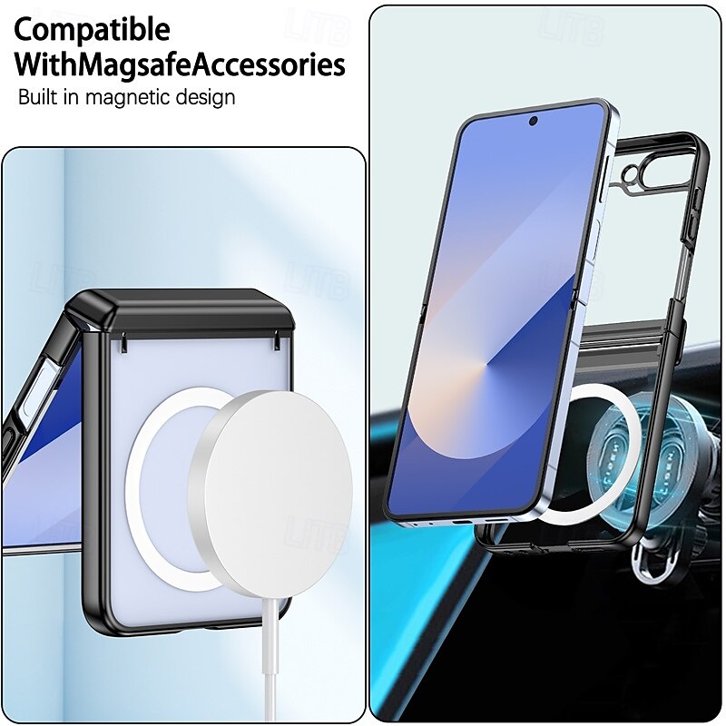Phone Case For Samsung Galaxy Z Flip 7 Z Flip 6 Z Flip 5 Back Cover Magnetic Support Wireless Charging Shockproof Retro Plating PC 2025 - $22.99 –P4