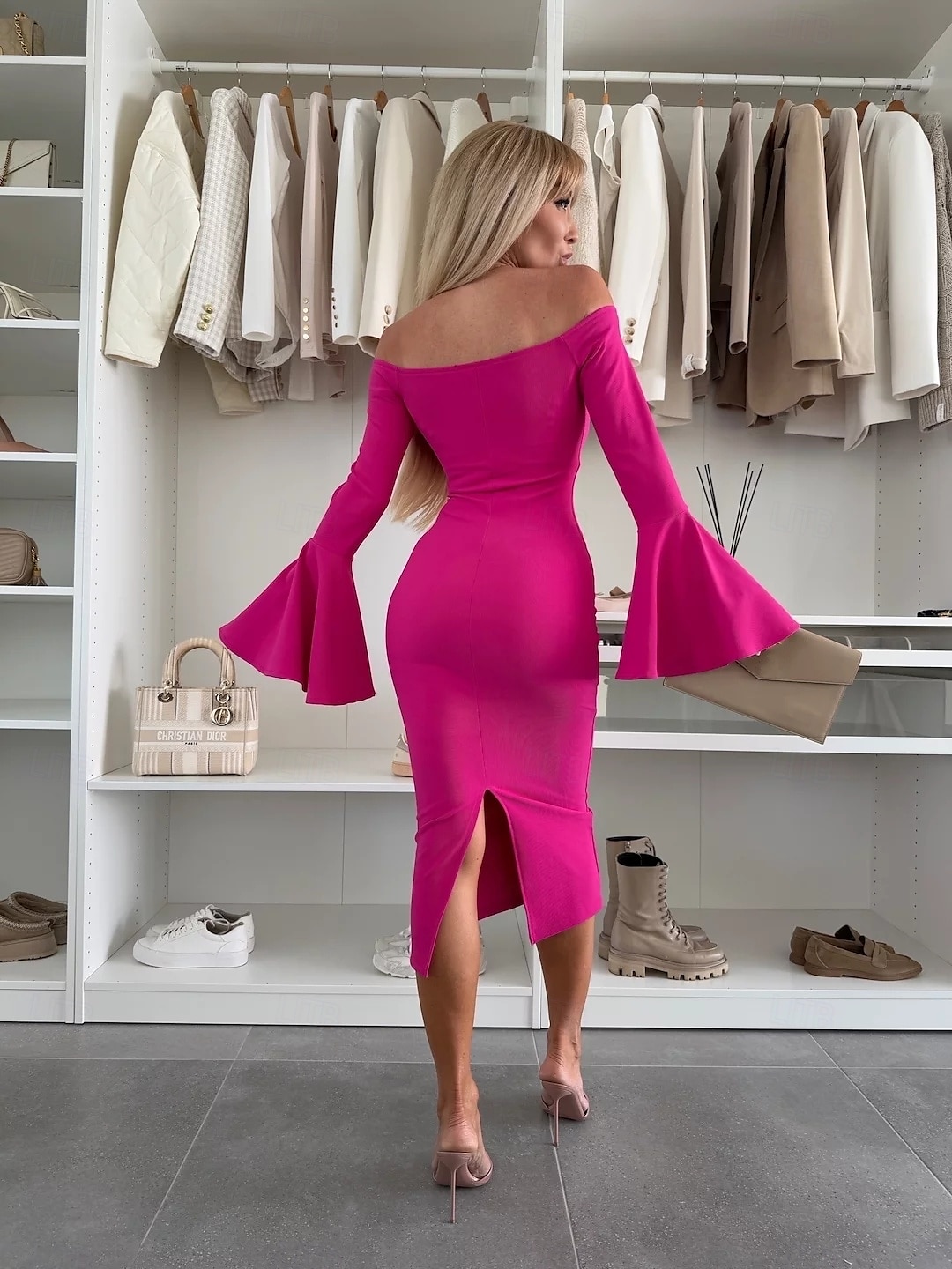 Damen Midikleid Etuikleid Midi-Kleid Elegantes Kleid Elegant Ausgestellter Ärmel Täglich Regular Fit Feste Farbe Langarm Schulterfrei Schwarz Fuchsie Aprikose Herbst 2025 - $24.99 –P6