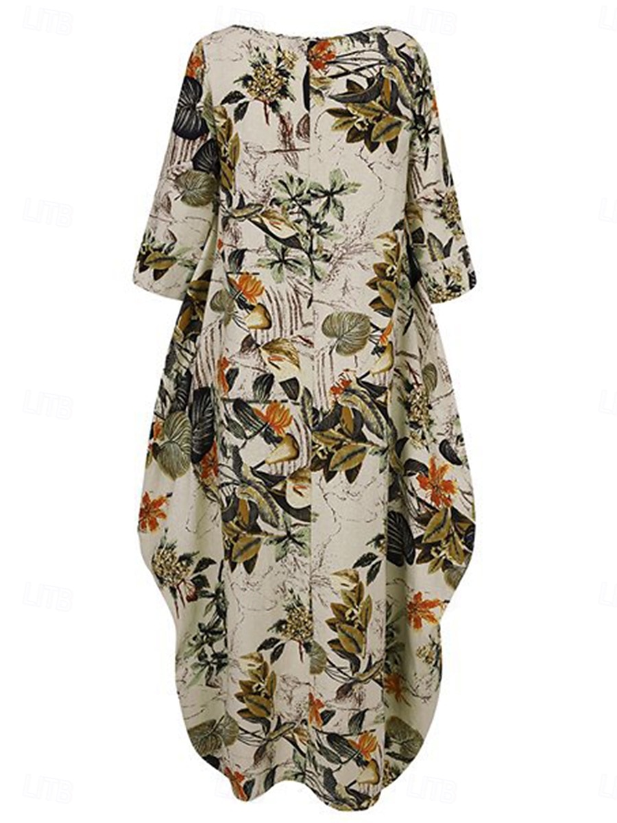 Mujer Vestido maxi Vestidos de lino y algodón Vestido informal Básico Casual Vacaciones Diario Ajuste regular Floral Manga Larga Cuello Barco Magenta Azul Marino Naranja Verano 2025 - $32.99 –P7