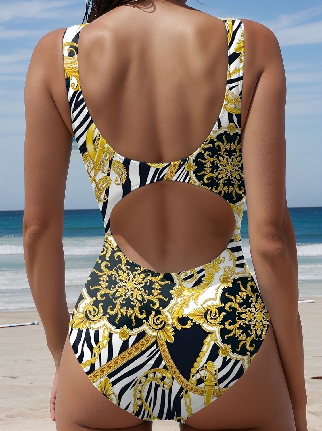 Maillots de bain femmes Maillot de bain une pièce monokini sans dos contrôle du ventre taille haute slim vêtements de plage de vacances géométriques U cou sans manches de 2025 ? $26.99 –P2