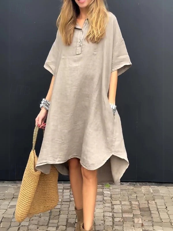 Women's Midi Dress Cotton Linen Dresses Casual Dress Basic Casual Vacation Daily Loose Fit Plain Half Sleeve Shirt Collar Yellow Pink Blue Khaki Summer Spring Fall 2025 - $26.99 –P2