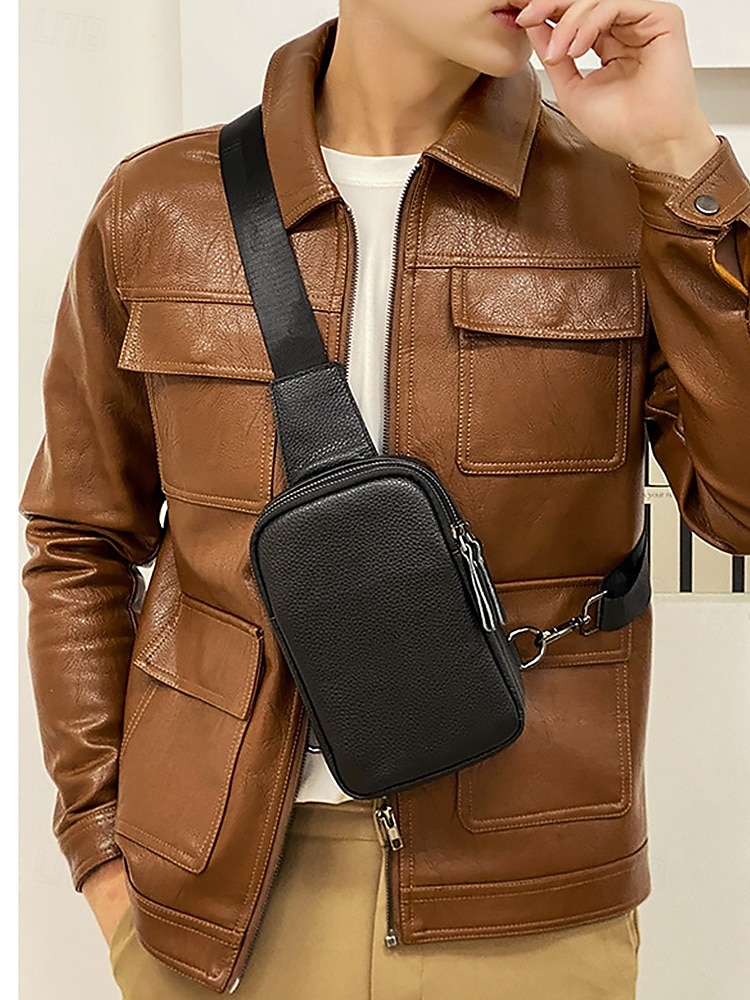 svart krokodillepreget crossbody-veske i skinn for menn – kompakt slengveske med justerbar stropp for daglig bruk 2025 - $19.99 –P1