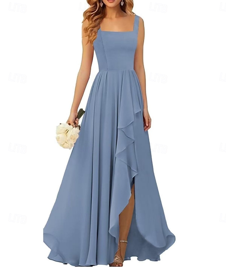 Linha A Vestido de Madrinha Correias / Decote Quadrado Sem Manga Elegante Longo Chiffon / Elastano com Pregas / Fru-Fru / Pregueado 2022 de 2025 por $162.99 –P4