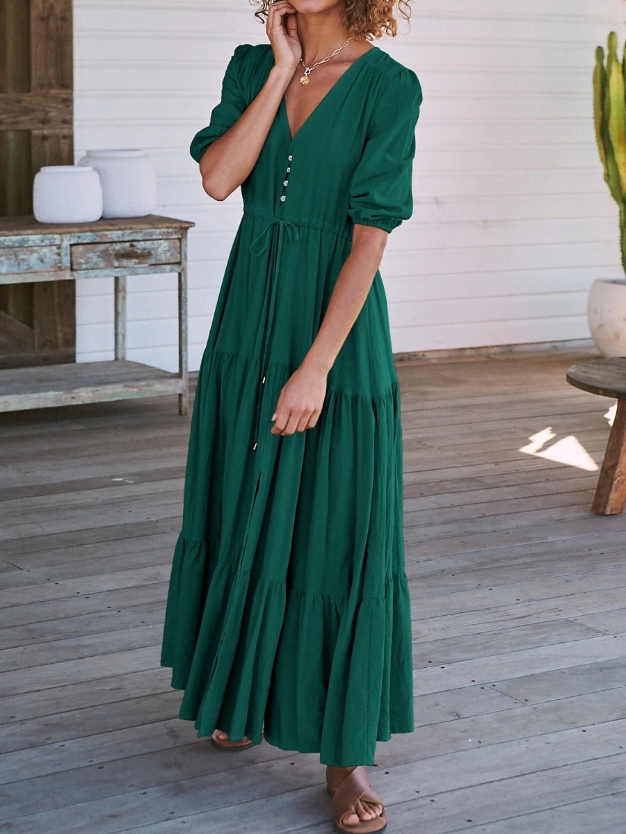 Women's Maxi Dress Casual Dress Swing Dress A Line Dress Casual Vacation Daily Regular Fit Plain Short Sleeve V Neck Black Navy Blue Fuchsia Green Summer 2025 - $31.99 –P9