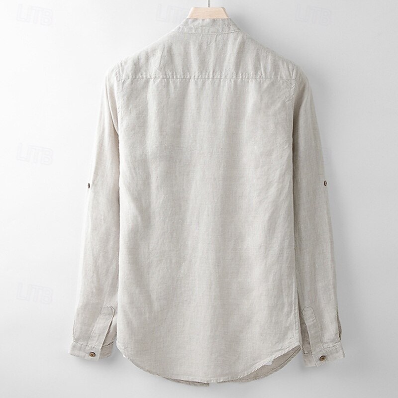 Men's Shirt Linen Shirt Casual Shirt Button Up Shirt Plain Vacation Hawaiian White Navy Blue Beige Long Sleeve Band Collar Spring Fall Clothing Apparel Button-Down 2025 - $94.99 –P3