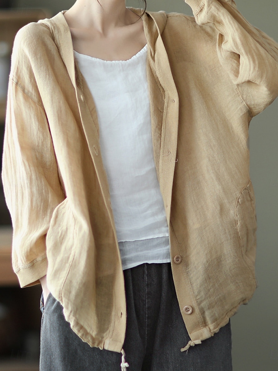 Women's Shirt Cotton Linen Shirts Button Up Blouse Solid Color Basic Casual Long Sleeve Hooded Regular Tops Daily Buttons White Red Blue Beige Summer 2025 - $25.99 –P12