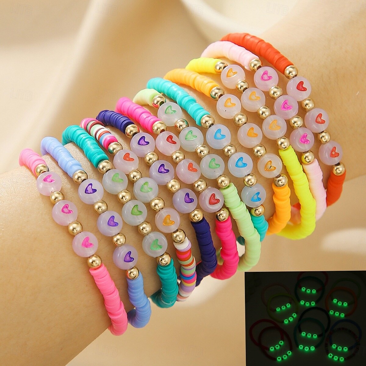 12st glöd-i-mörkret hjärtformade pärlor mjuk lera ccb elastiskt armbandsset, blandad färg, mode 2025 - $12.99 –P1