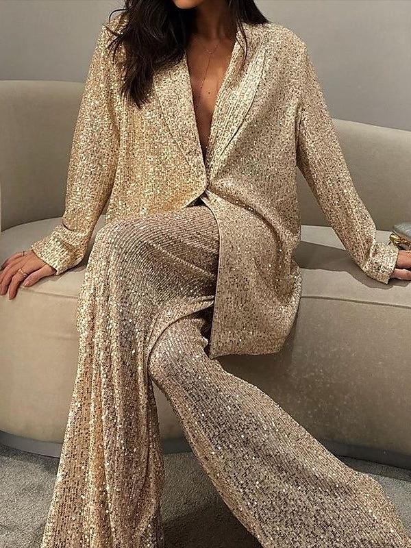 smoking todelt buksedress blazer aftenkjole elegant kjole formell bryllup gulvlengde langermet skjortekrage paljett med sløyfe(r) splitt 2025 2025 - $129.99 –P3