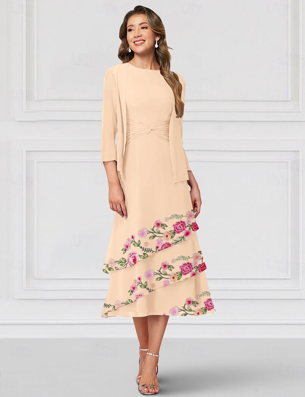 Due Pezzi A-Line Abito Madre della Sposa Elegante Collo Girocollo Lunghezza Pavimento Chiffon Maniche Lunghe Inclusa Giacca con Volant in Pizzo Abito Derby 2025 del 2025 a $173.99 –P3