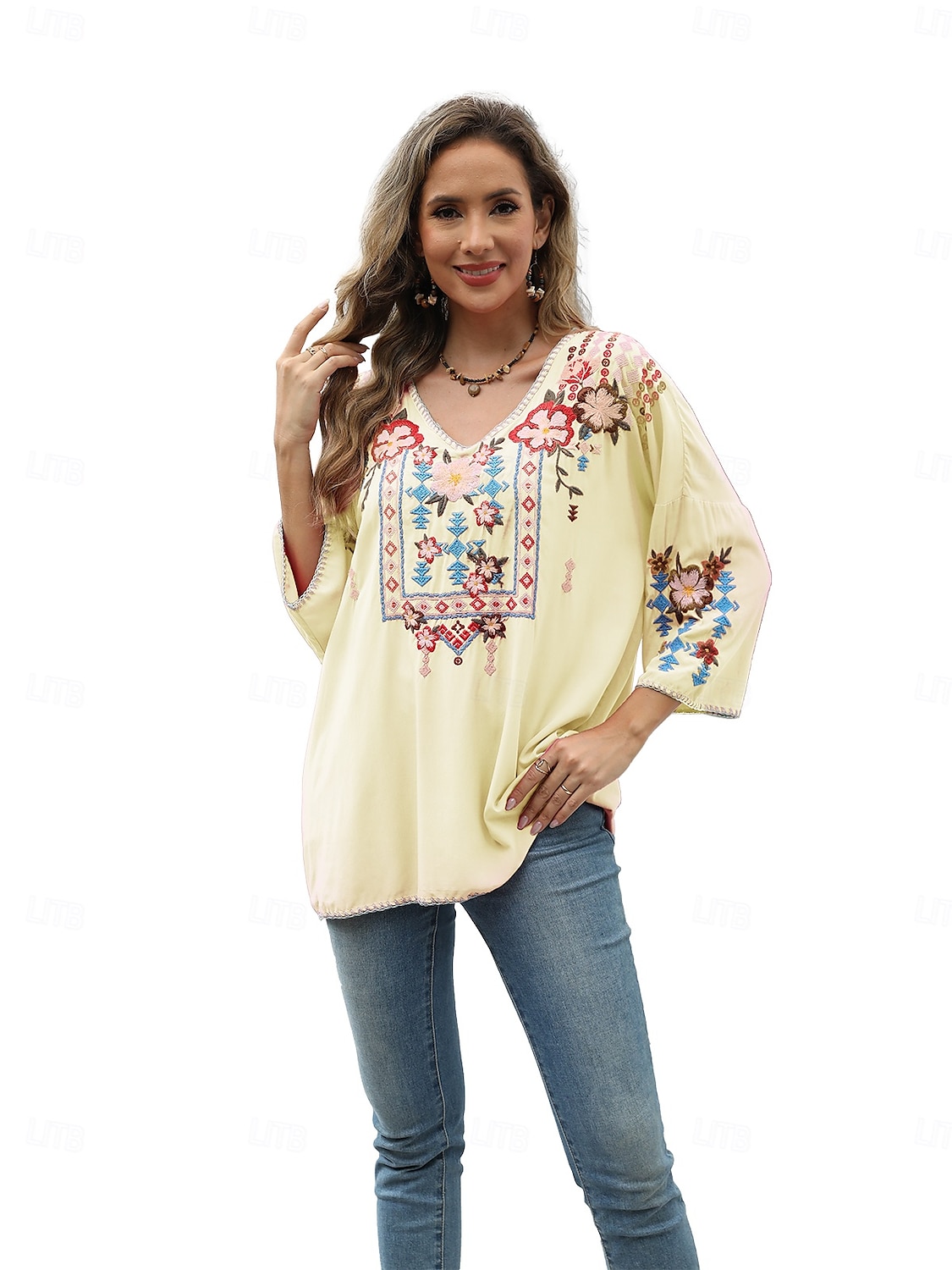 Dame Boho skjorte Helfarge Blomstret Bohem Daglig Luksuriøs 3/4 ermer 3/4-ermer Crew-hals Vanlige topper Arbeid Daglig Ut på byen Broderi Svart Gul Rose Rosa Sommer 2025 - $52.99 –P20