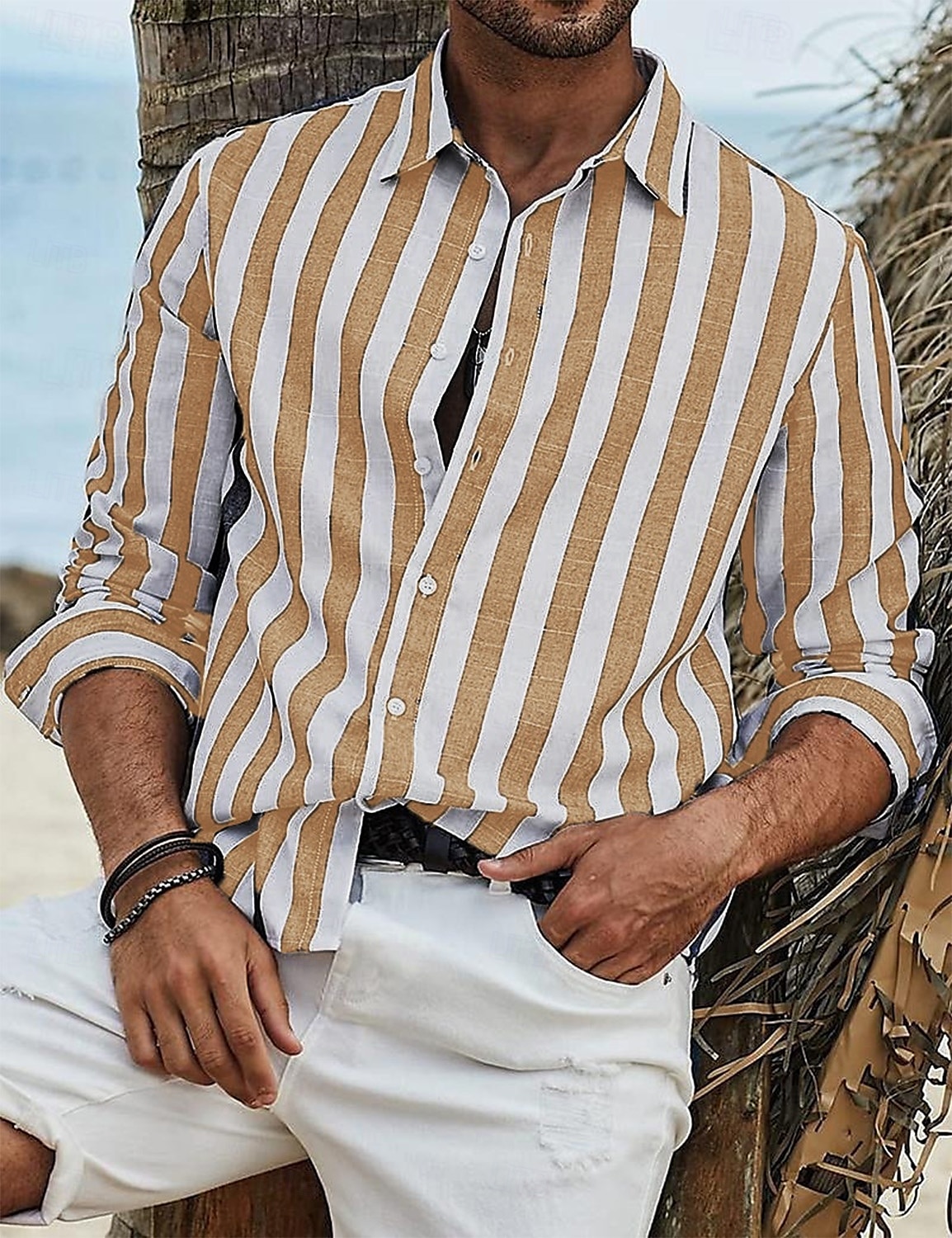 Men's Shirt Linen Shirt Summer Shirt Beach Shirt Cotton Linen Shirt Striped Shirts Striped Vacation Hawaiian Yellow Red Blue Green Long Sleeve Turndown Spring &  Fall Clothing Apparel Button-Down 2025 - $28.99 –P13