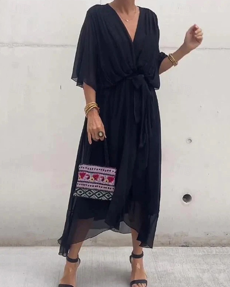 Dámské Midi šaty Bílé šaty Volnočasové šaty Koktejlky Šaty pro svatební hosty Elegantní stylové Netopýří rukávy Dovolená Denní Rande Běžný Bez vzoru Poloviční rukáv Do V Černá Bílá Šedá Léto Jaro 2025 - $27.99 –P2