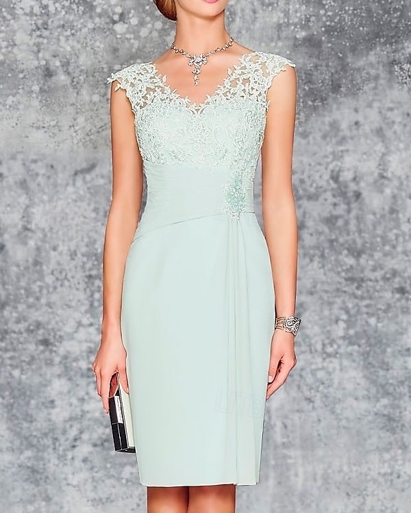 Deux Pièces Fourreau / Colonne Robe de Mère de Mariée  robe demoiselle d honneur Eglise Elégant Col V Mi-long Mousseline de soie Manches 3/4 avec Broderie 2025 de 2025 ? $156.99 –P3