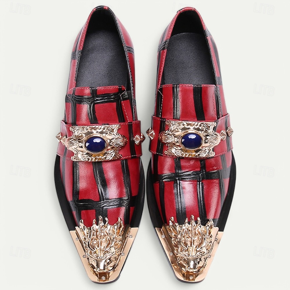 Men's Red Plaid Leather Loafers with Gold Lion Decoration – Premium Cowhide, Slip-On Style for Formal and Fashionable Occasions 2025 - $119.99 –P1