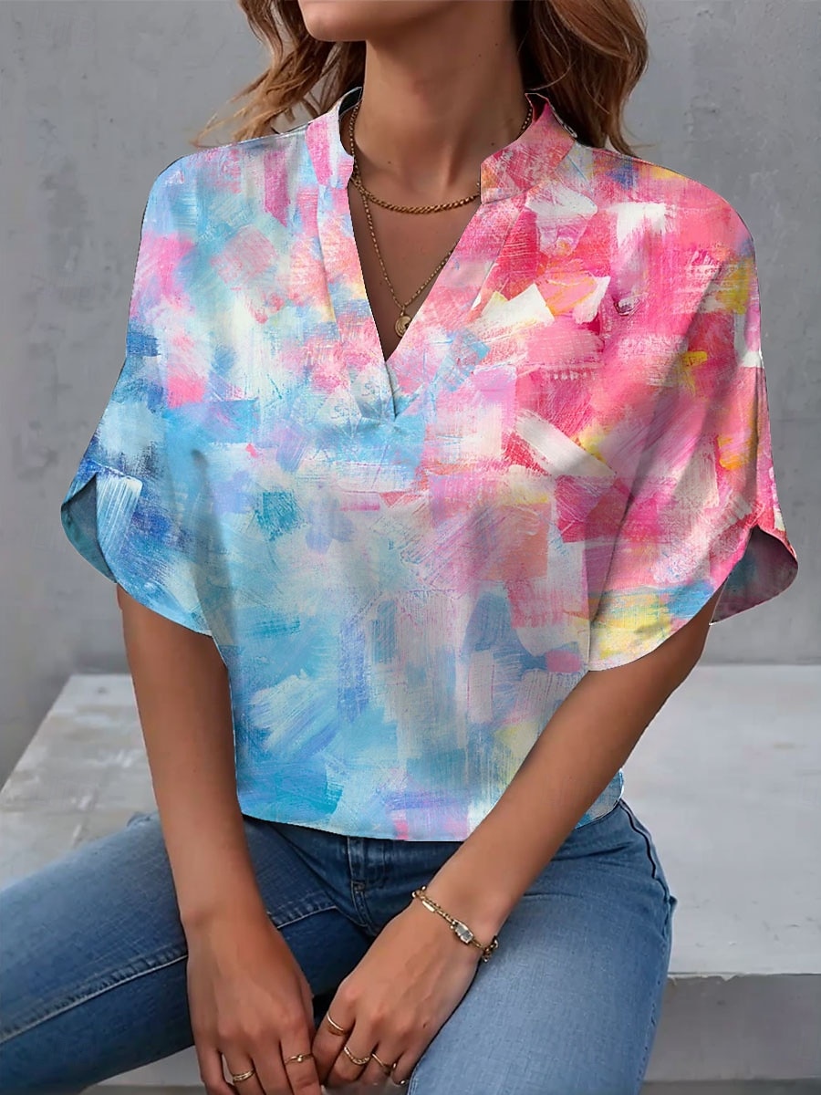 Ženská košile ombre geometrická stylová plážová trička s krátkým rukávem v krku běžná trička denní tisk růžová jaro podzim 2025 - $23.99 –P1