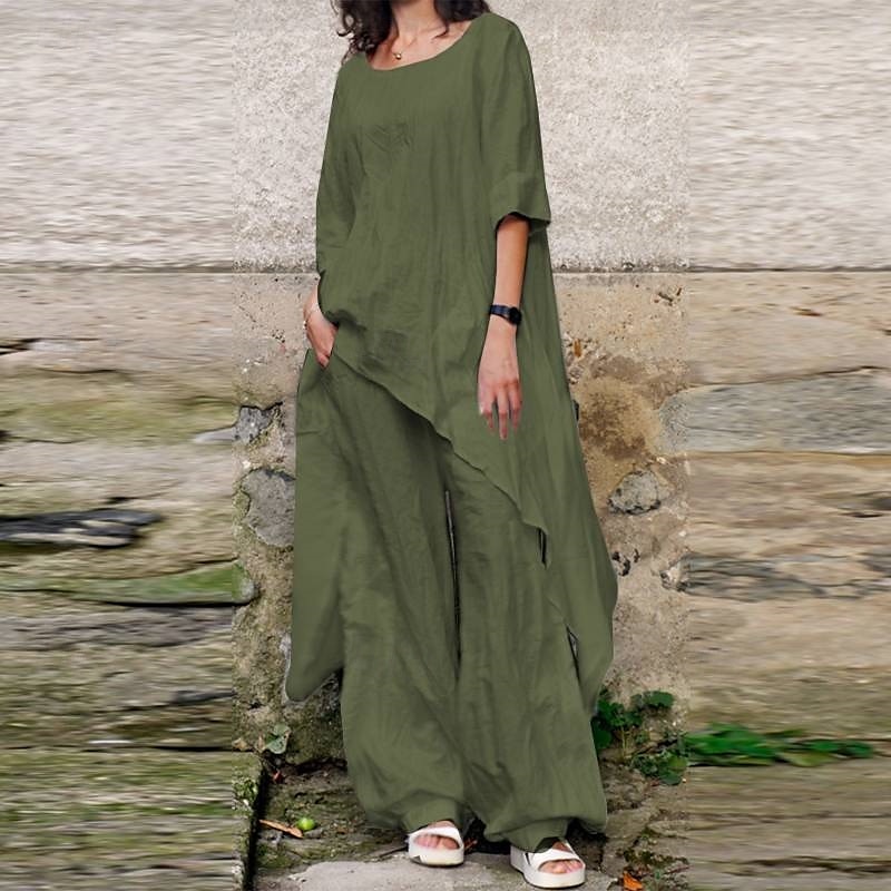Damen Streetwear Betrübt Hemd Baumwoll-Leinen-Sets Zweiteilige Sets Leinenhosen Hosen Hose Halbarm Rundhalsausschnitt Einfarbig Kordelzug Alltagskleidung Date Armeegrün Marineblau Khaki Sommer 2025 - $29.99 –P7